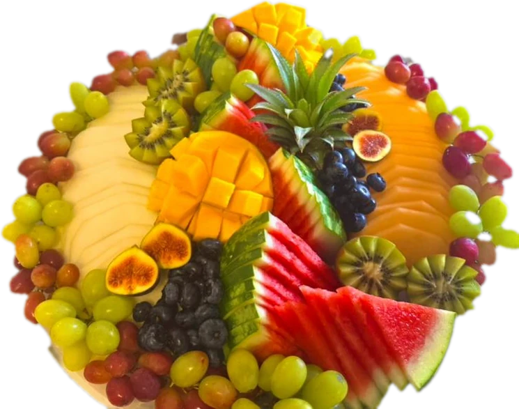 Round fruit platter with mango, figs and blueberries